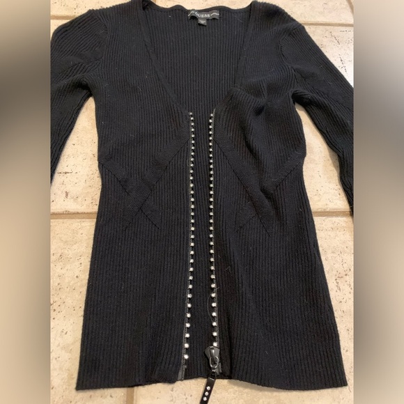 GUESS Black Ribbed Knit Rhinestone Zip-Up Cardigan Top - XS - Picture 6 of 10